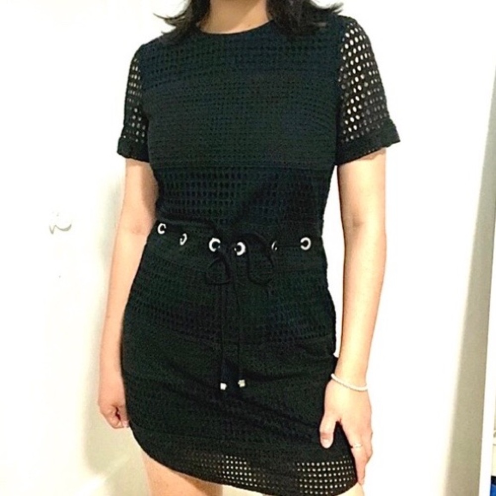 Michael Kors Womens Black Eyelet Cotton Panel Dress Drawstring Waist size XS